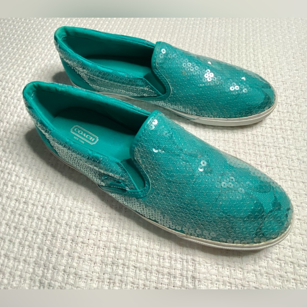 COACH Kivy Slip-On Sneakers Shoes Turquoise Teal Aqua Seaquin Women’s Size 8.5 B